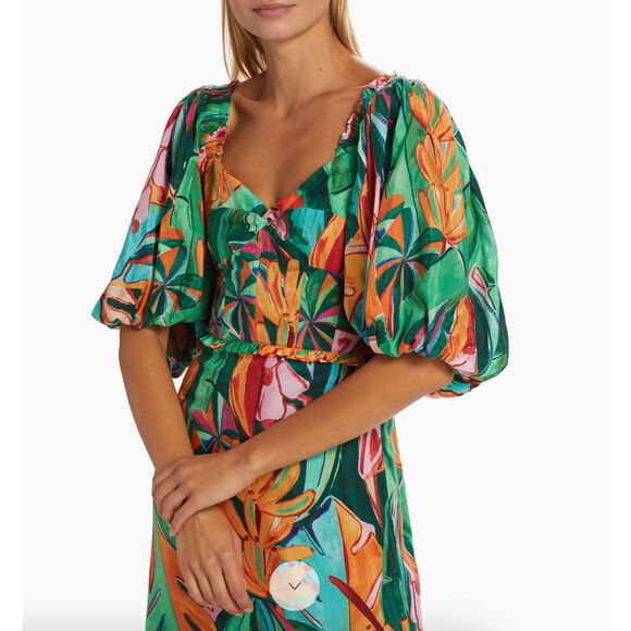 NWT Farm Rio Banana Foliage Puff-Sleeve Cotton Voile Midi-Dress - Large - Picture 6 of 16